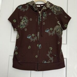 Cato Boho Brown Paisley Zip Front Short Sleeve Hoodie Women's Large Y2K